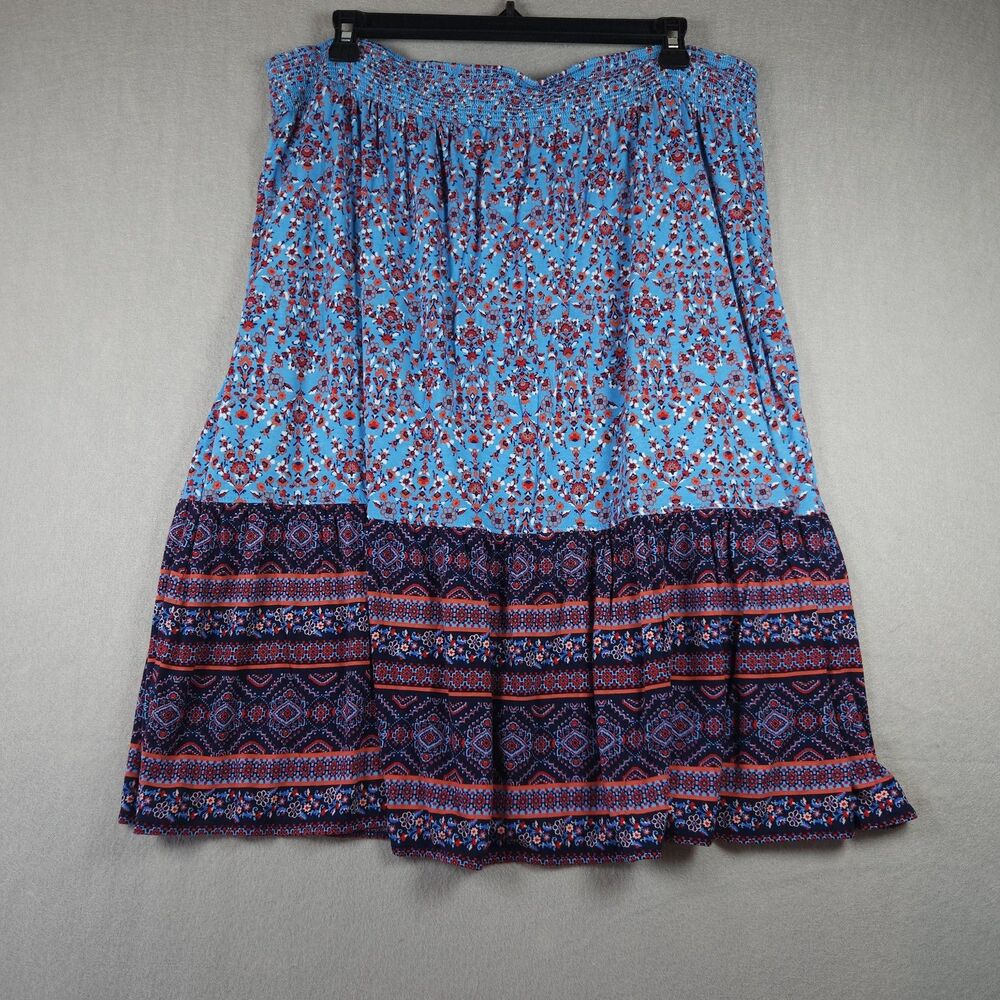 St. John's Bay Skirt Womens 1X Blue Floral Peasant Midi Elastic Waist Boho Print